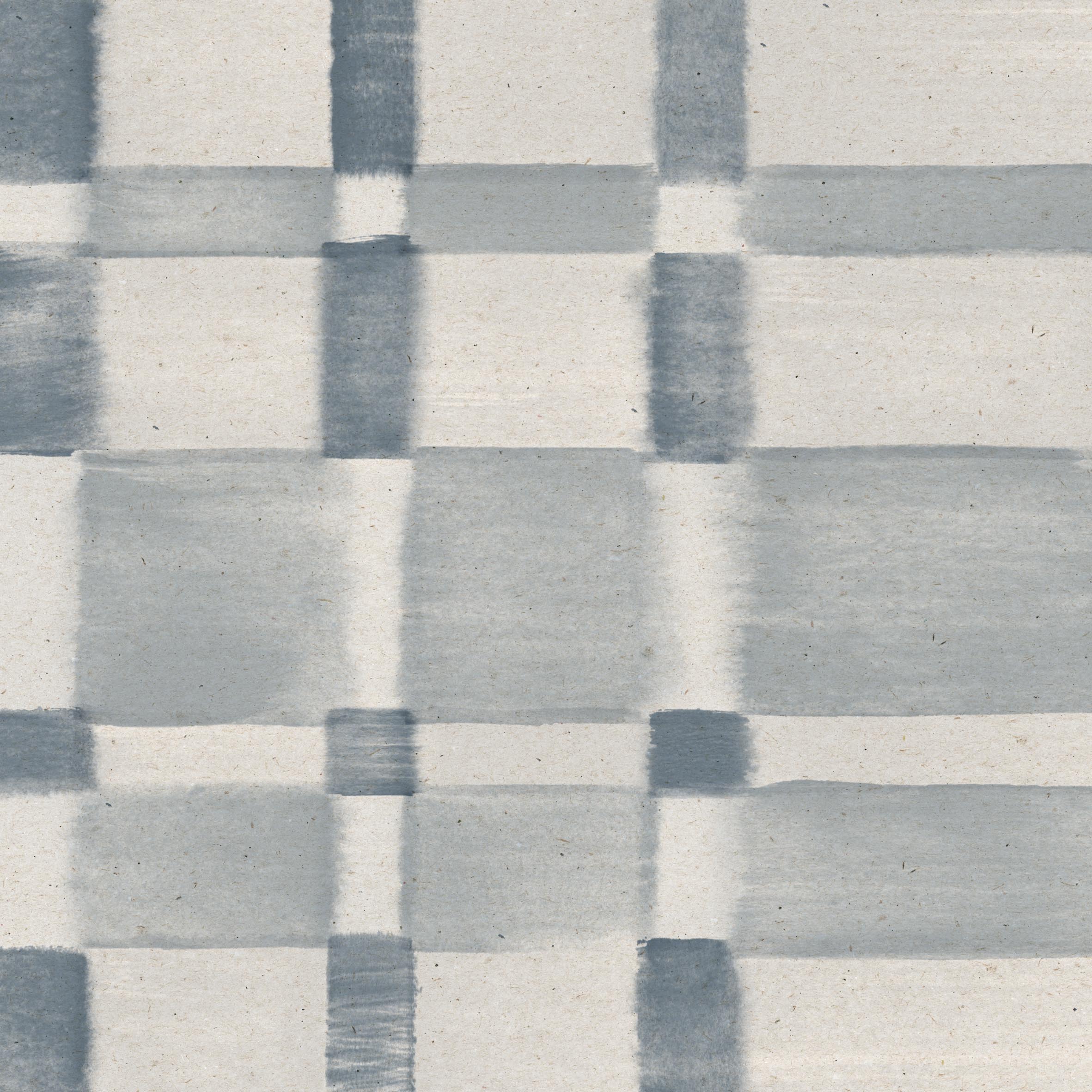 Detail of wallpaper in a large-scale checked pattern in shades of steel blue and pale grey.
