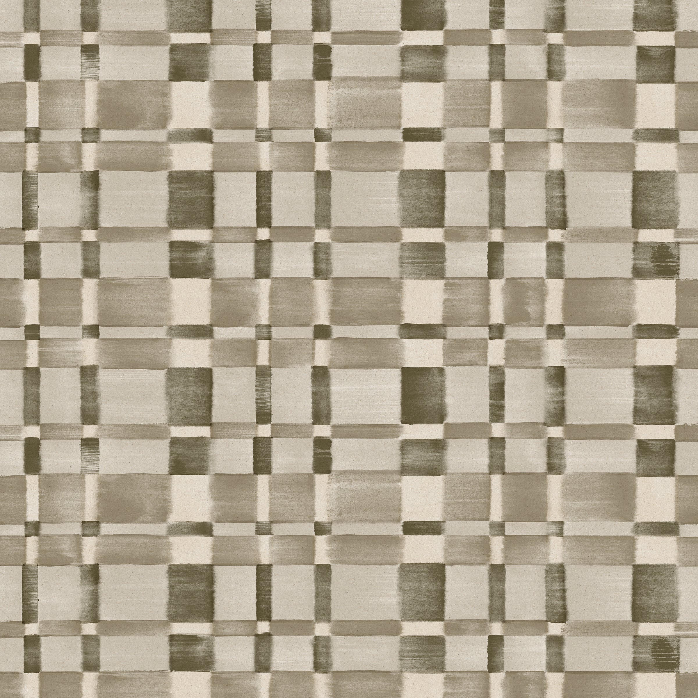 Detail of fabric in a large-scale checked pattern in shades of olive green and cream. 