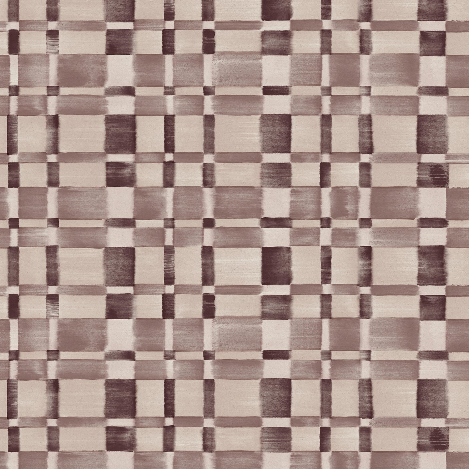 Wallpaper in a large-scale checked pattern in shades of wine purple and beige.