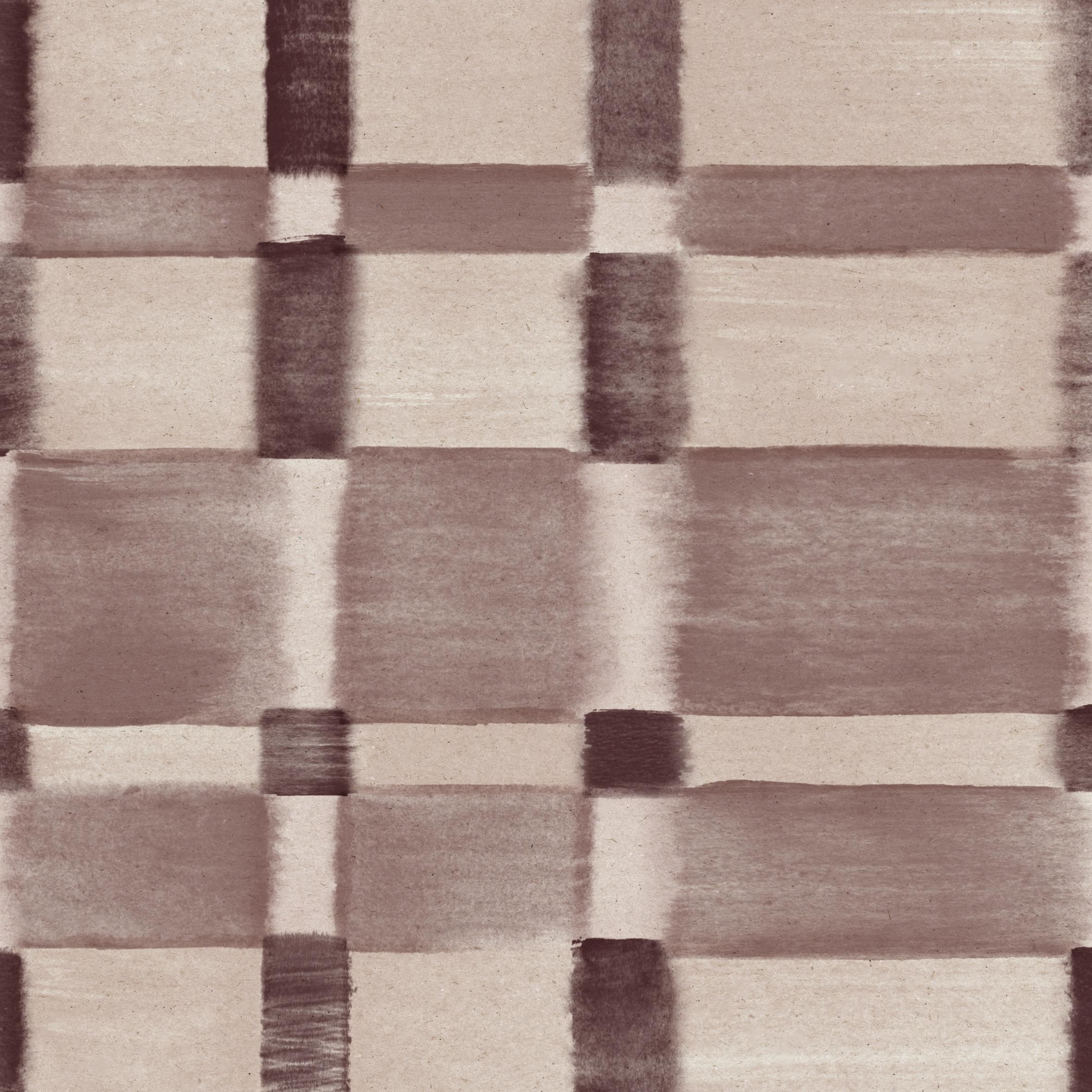 Detail of wallpaper in a large-scale checked pattern in shades of wine purple and beige.