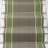 Striped flatweave runner in green and grey on white staircase