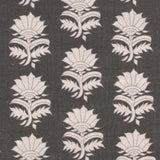 Detail of fabric in a repeating thistle print in cream and gray on a charcoal field.