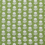 Detail of fabric in a repeating thistle print in white and green on a green field.