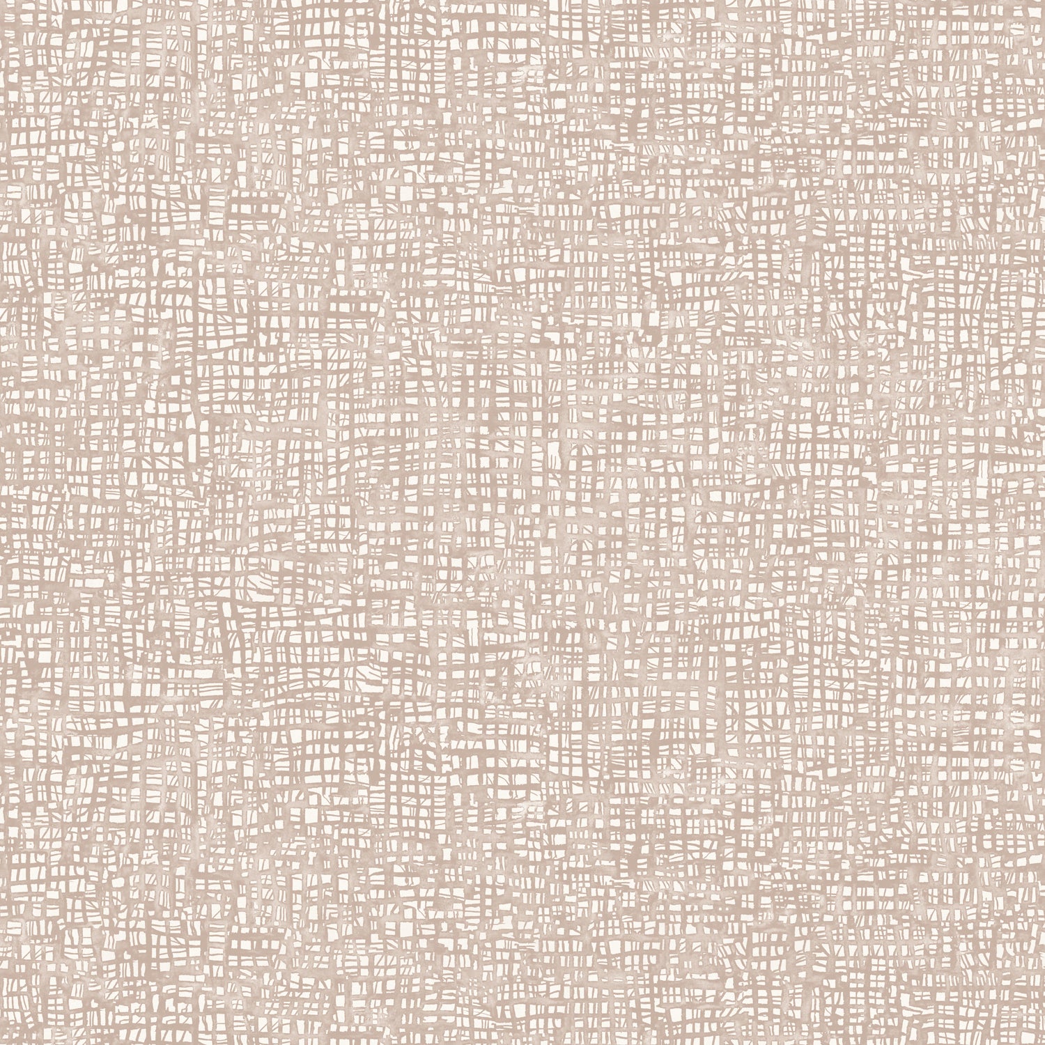 Detail of wallpaper in a textural wicker pattern in muted blush pink on a white field.