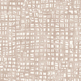 Close up detail of wallpaper in a textural wicker pattern in muted blush pink on a white field.