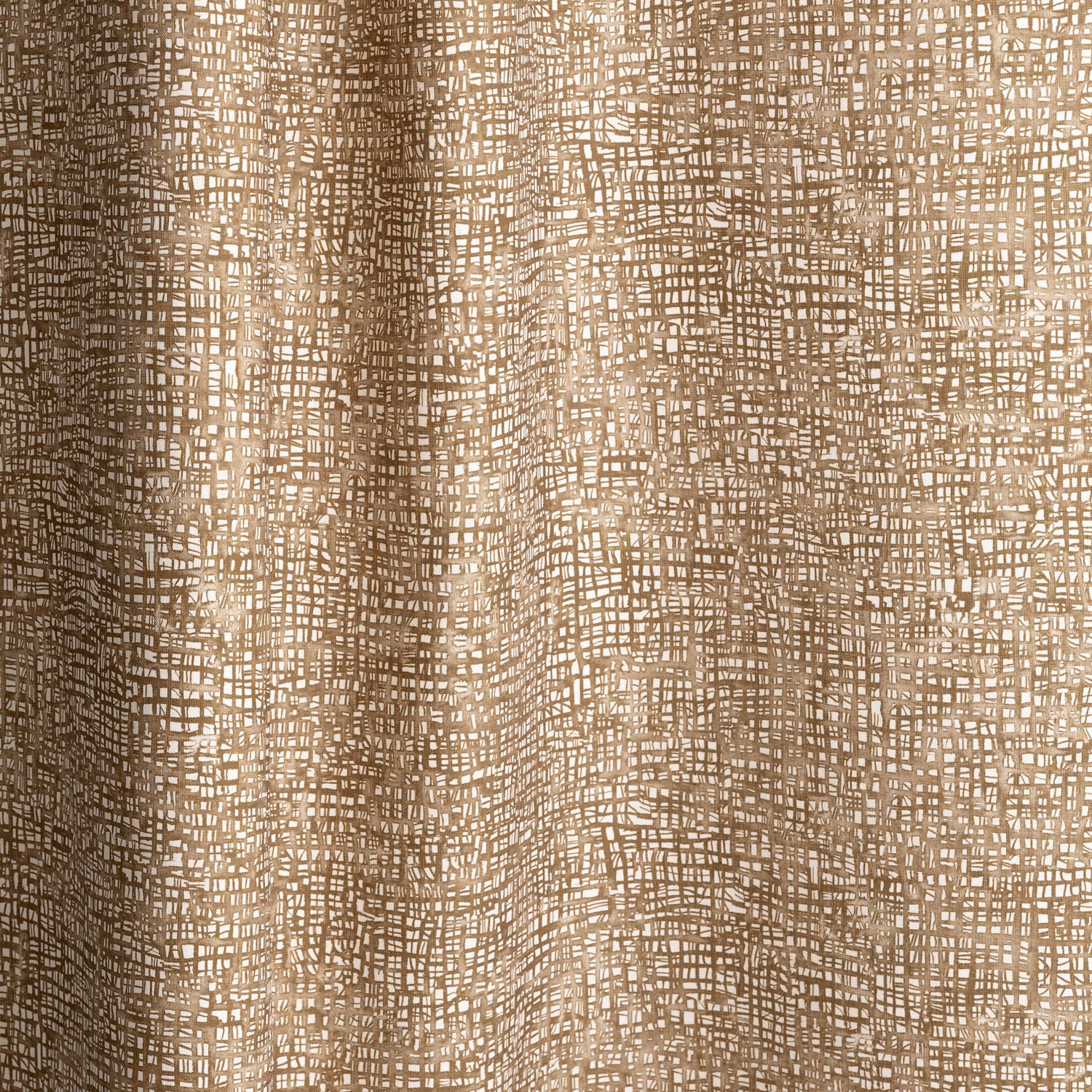 Gently draped fabric in a textural wicker pattern in warm brown on a white field. 