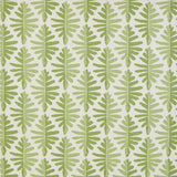 Detail of fabric in a fern leaf print in shades of green on a white field.