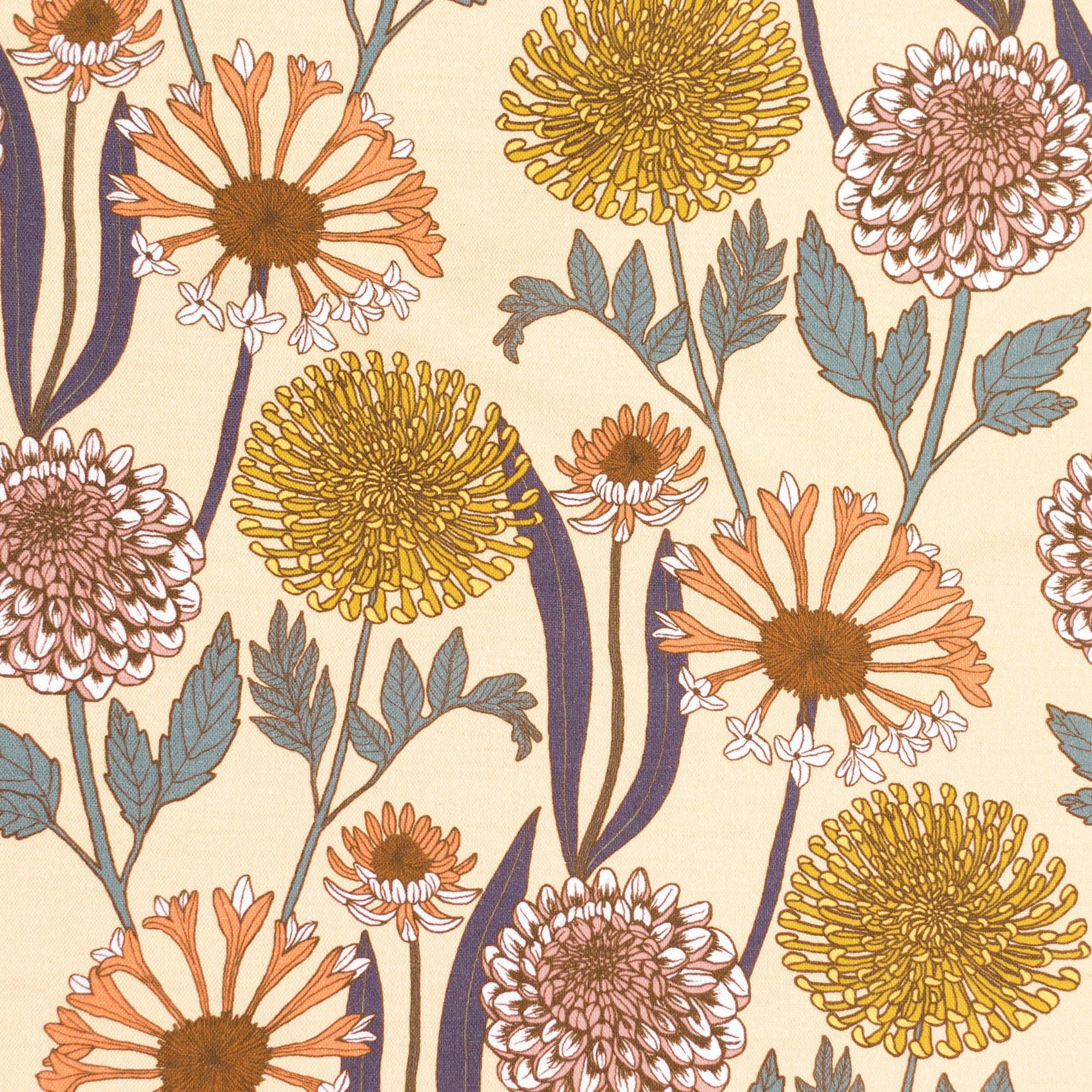 Detail of fabric in a large-scale floral print in yellow, orange and green on a yellow field.