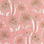 Detail of fabric in a large-scale floral print in red and white on a light pink field.