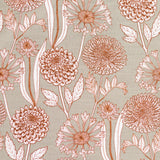 Detail of fabric in a large-scale floral print in red and white on a taupe field.