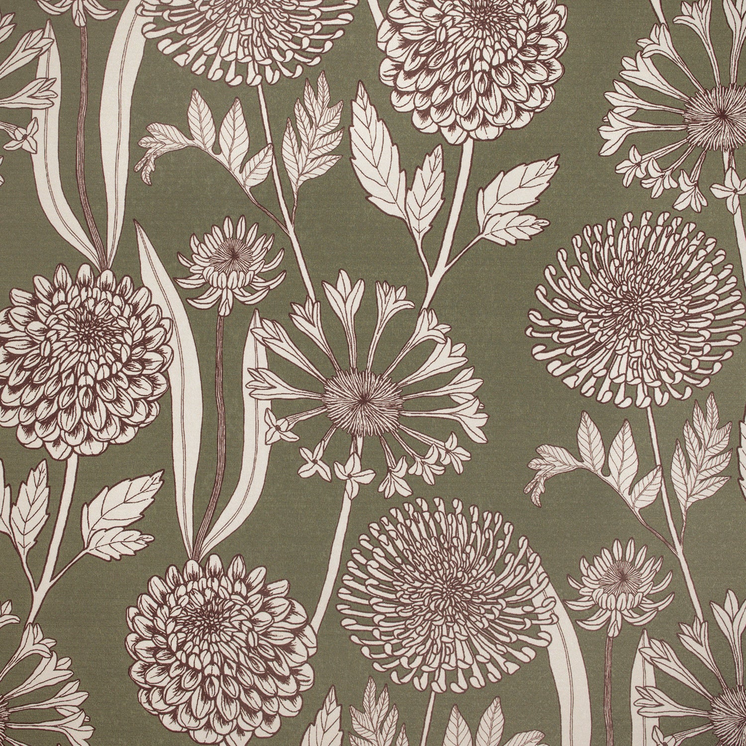 Pattern of flowers and leaves on a green background