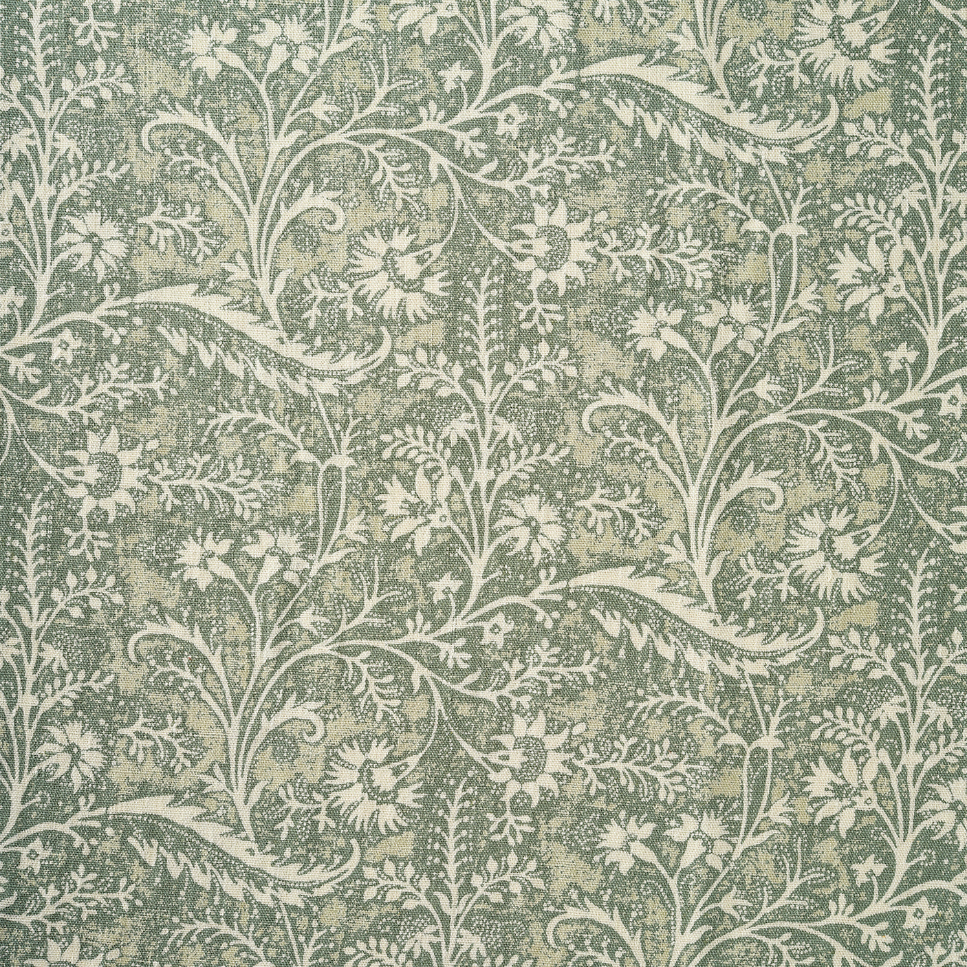 A close-up of a repeating floral and vine pattern in muted sage green and off-white.