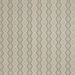 Patterned fabric swatch with a green and grey geometric diamond design on a beige background