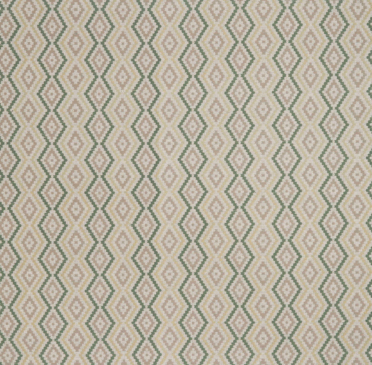 Patterned fabric swatch with a green and grey geometric diamond design on a beige background