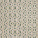 Patterned fabric swatch with a green and grey geometric diamond design on a beige background