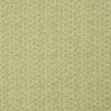 Detail of a linen fabric in a detailed geometric pattern in white on a chartreuse field.