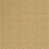 Detail of a linen fabric in a detailed geometric pattern in white on a goldenrod field.