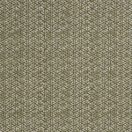 Detail of a linen fabric in a detailed geometric pattern in white on an olive field.