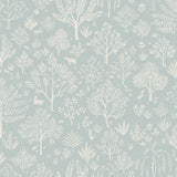Detail of wallpaper in a playful animal and tree print in white on a light blue field.