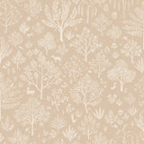 Detail of wallpaper in a playful animal and tree print in white on a tan field.