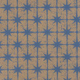 Detail of wallpaper in a geometric damask print in blue on a gold field.