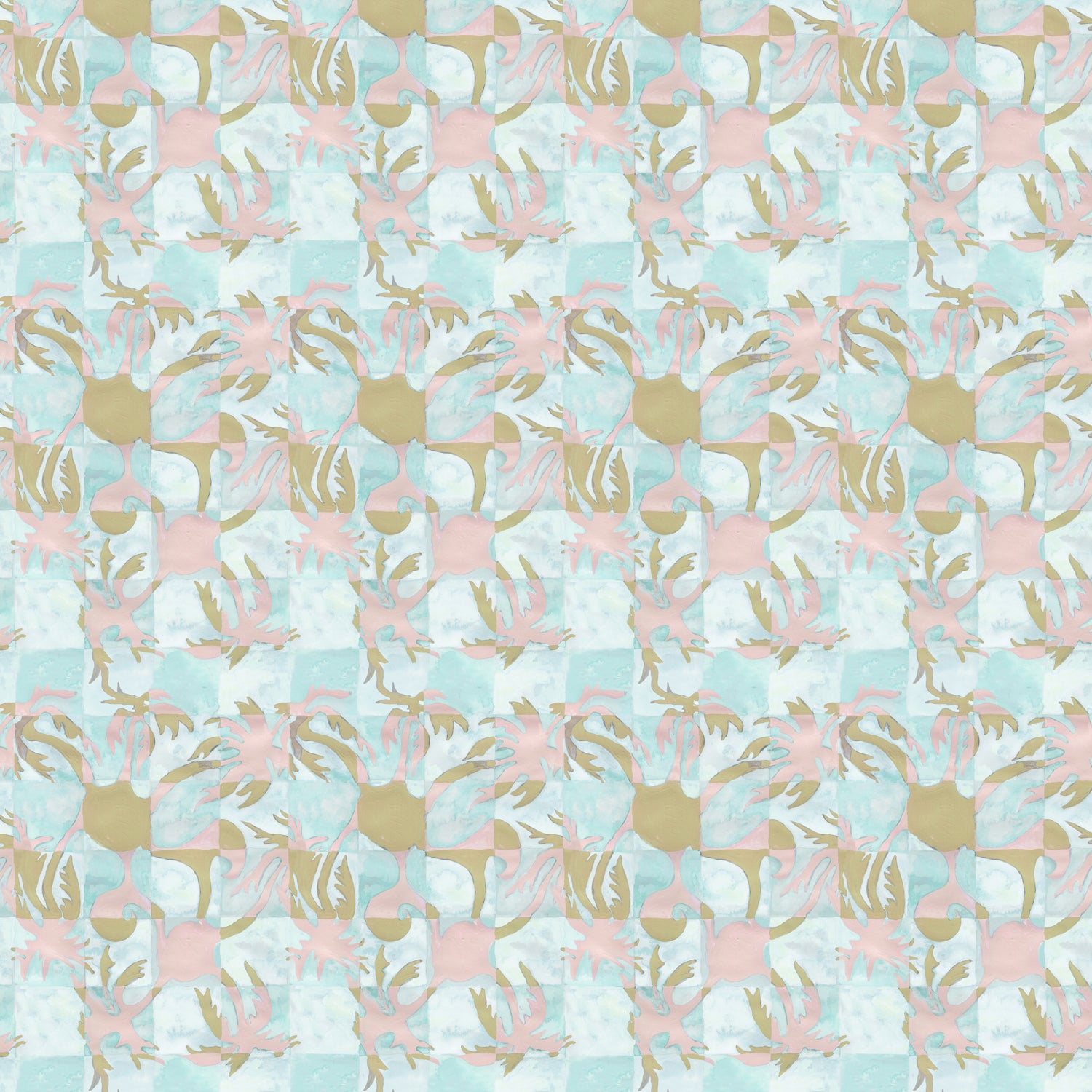Painterly tropical checkerboard design in aqua blue, pink and tan.