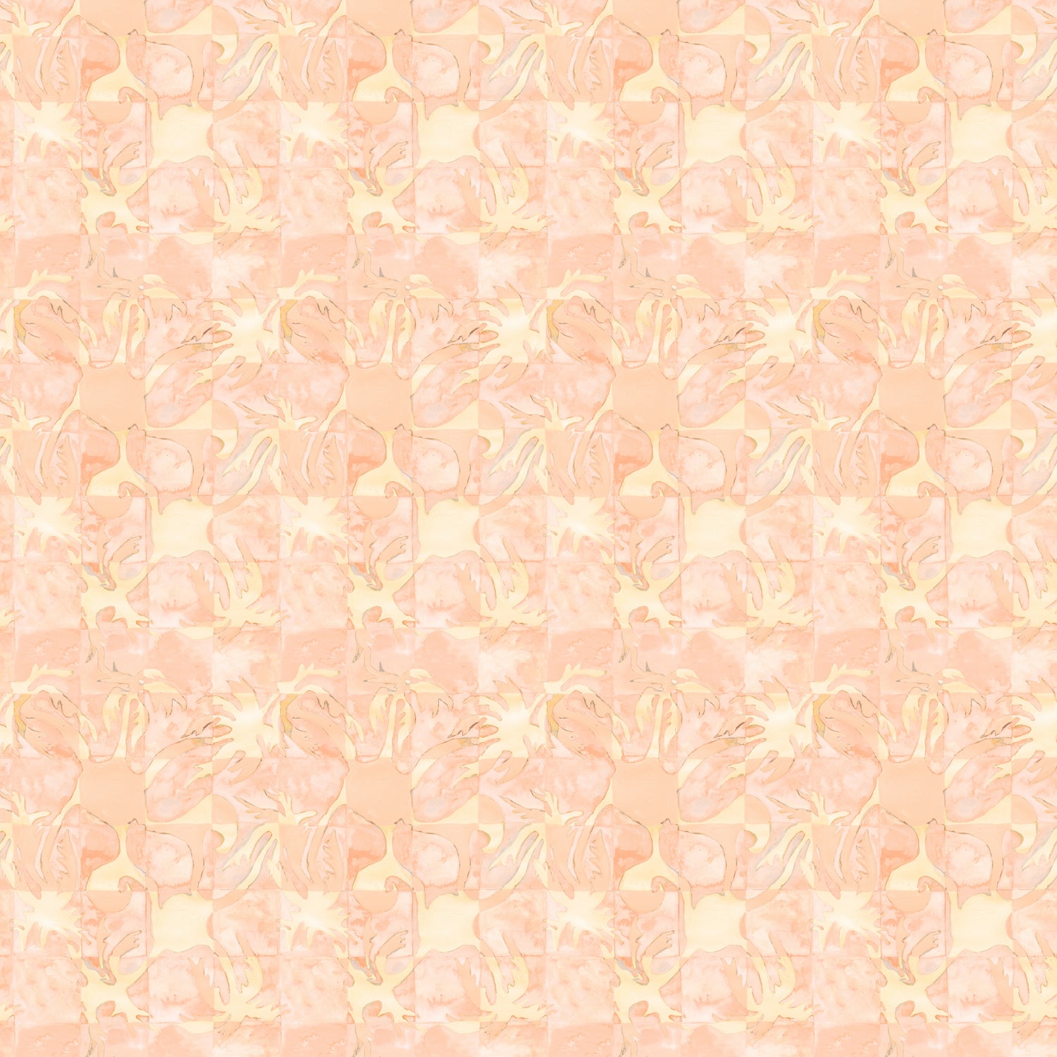 Painterly tropical checkerboard design in pinky orange and yellow. 