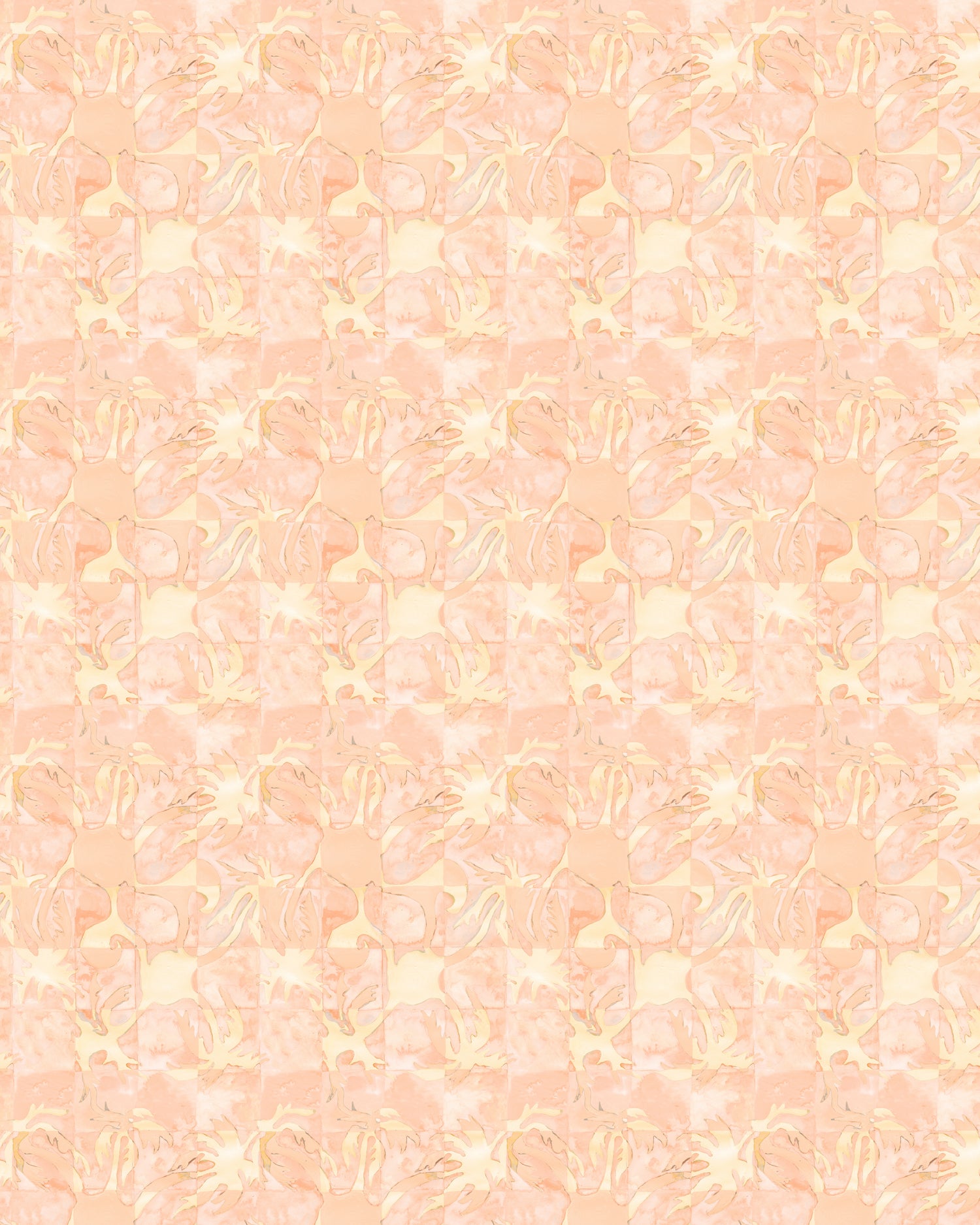 Painterly tropical checkerboard design in pinky orange and yellow. 
