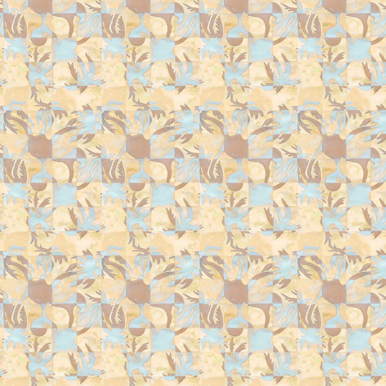 Painterly tropical checkerboard design in yellow, tan and blue. 