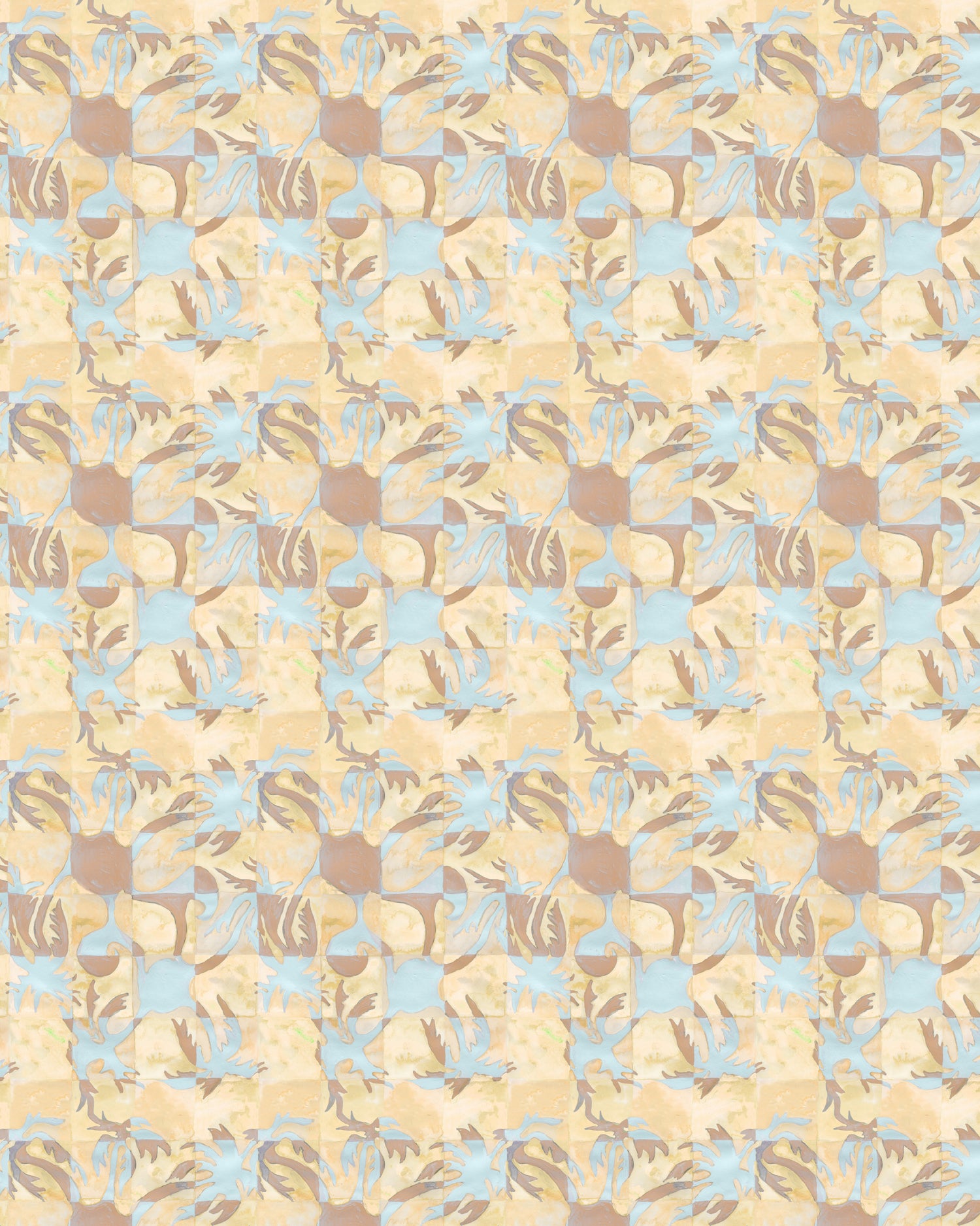 Painterly tropical checkerboard design in yellow, tan and blue. 