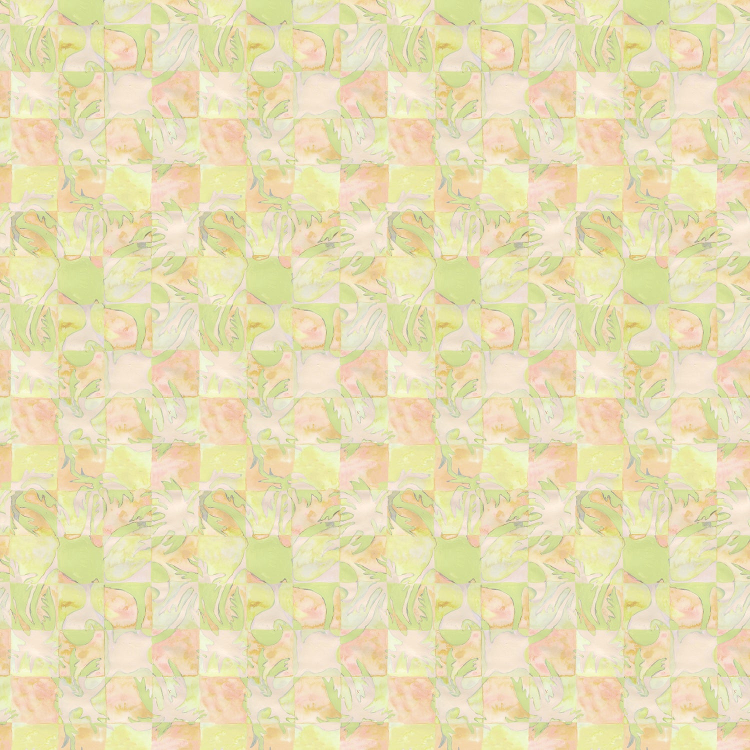 Painterly tropical checkerboard design in lime green, yellow and orange. 