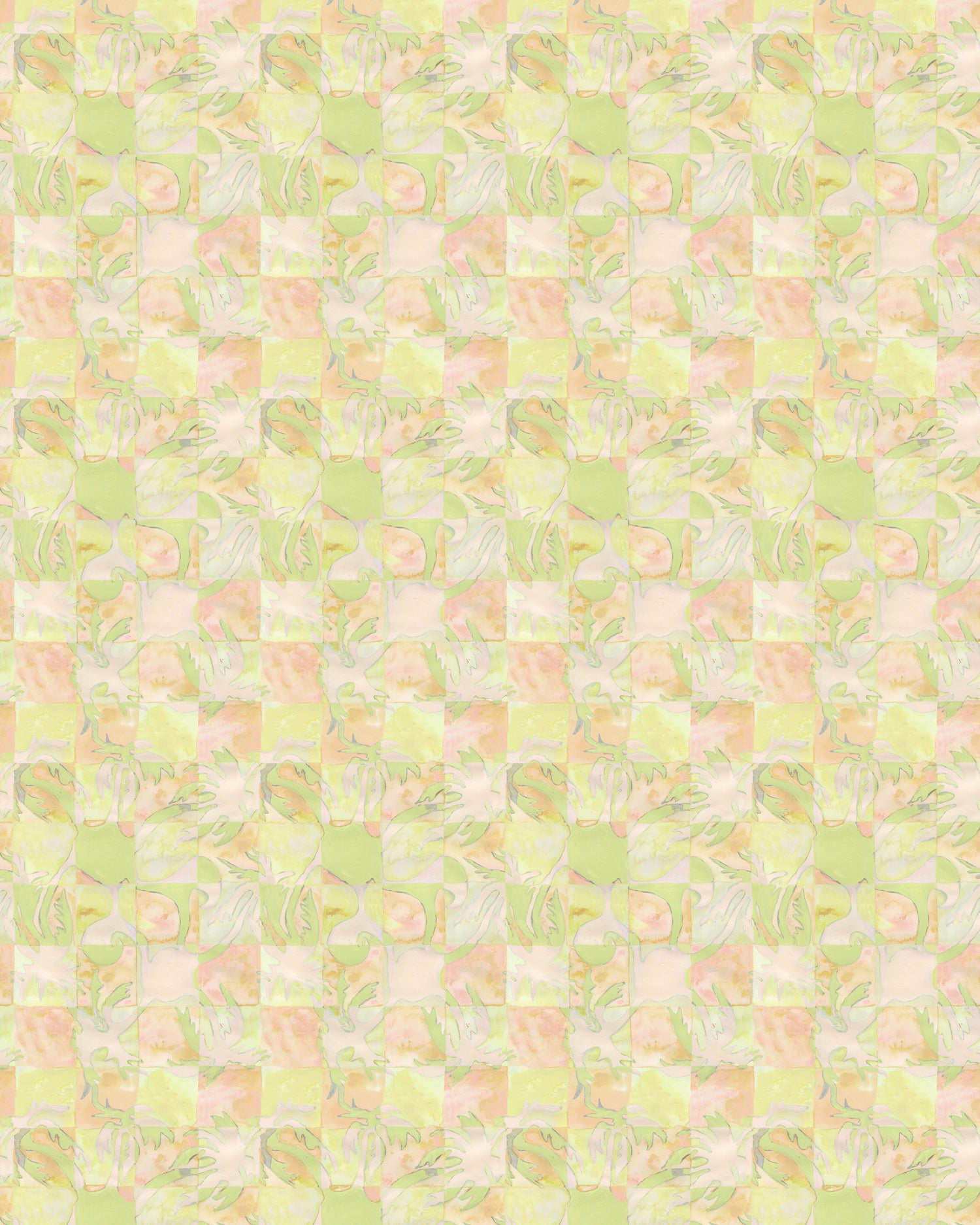 Painterly tropical checkerboard design in lime green, yellow and orange. 