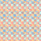 Painterly tropical checkerboard design in blue, coral and orange. 