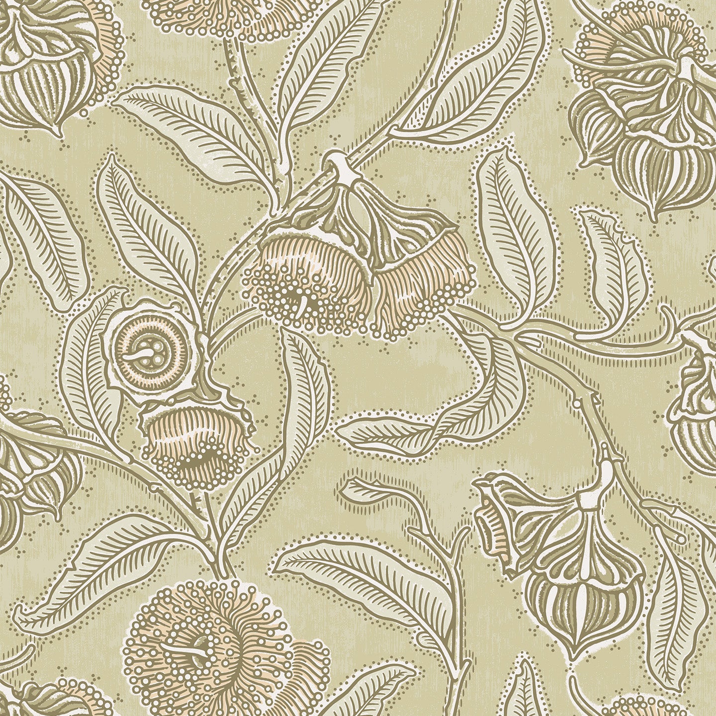 Wallpaper in a decorative floral pattern on a beige background