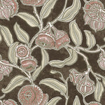 Wallpaper in a floral pattern with pink flowers and green leaves on a brown background
