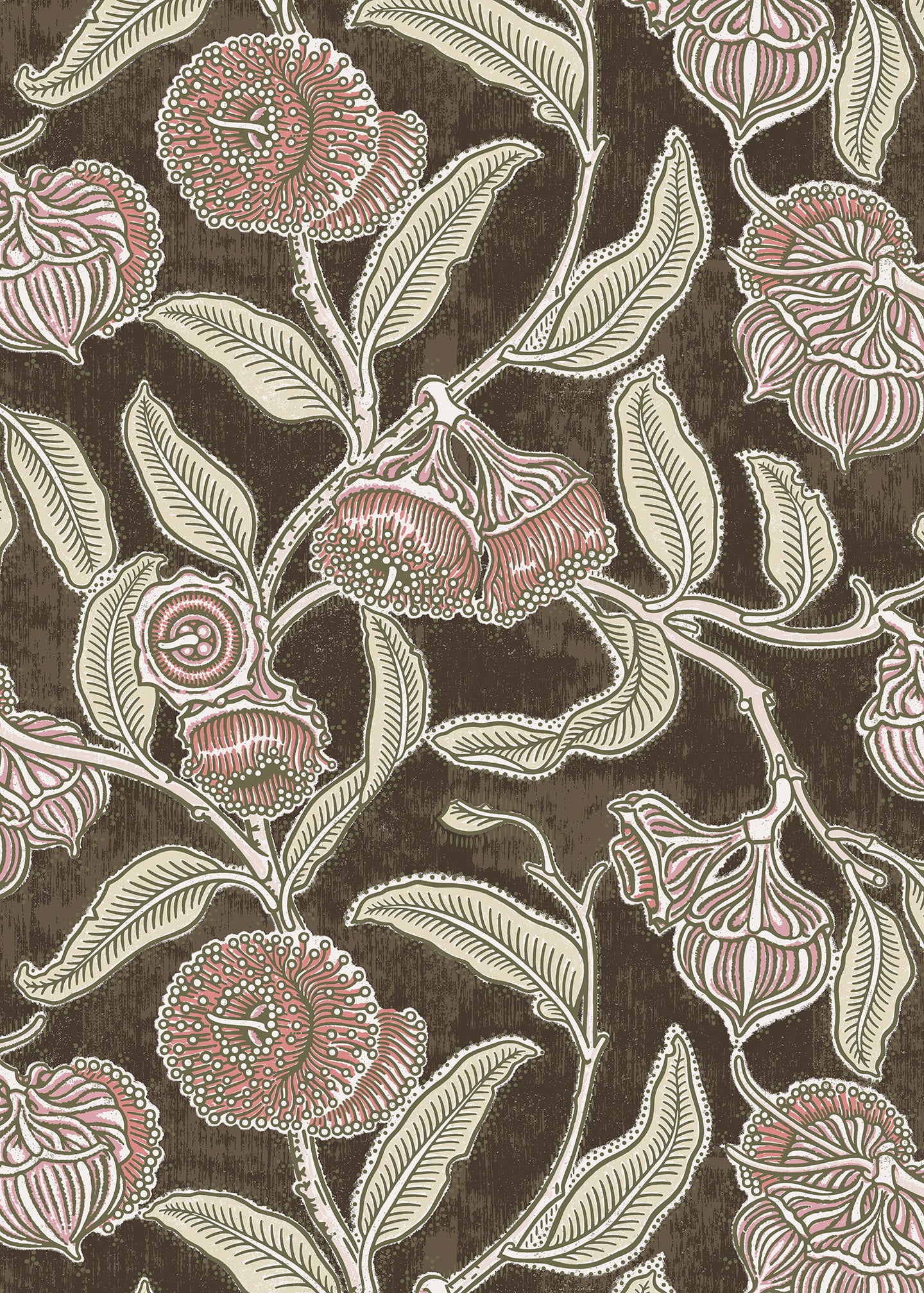 Wallpaper in a floral pattern with pink flowers and green leaves on a brown background