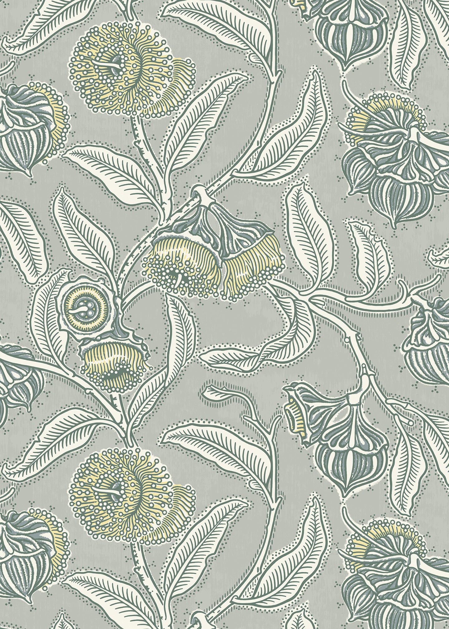 Floral pattern with green and beige flowers on a gray background