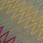 Detail of fabric with a repeating linear pattern of zigzag embroidery in shades of pink, green and yellow on a tan field.