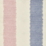 Detail of fabric in an ikat stripe print in shades of pink and purple on a cream field.