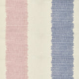 Detail of fabric in an ikat stripe print in shades of pink and purple on a cream field.