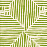 Detail of fabric in a dashed grid print in green on a cream field.
