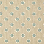 Detail of fabric in a playful dot print in blue and white on a brown field.