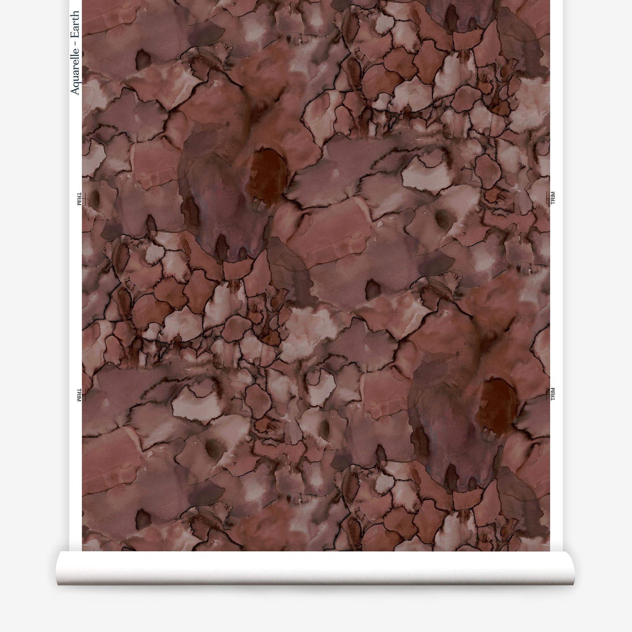 Partially unrolled wallpaper yardage in a watercolor textural print in shades of red, gray and black.