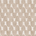 Detail of wallpaper in an abstract scalloped print in tan on a cream field.