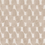 Detail of wallpaper in an abstract scalloped print in tan on a cream field.