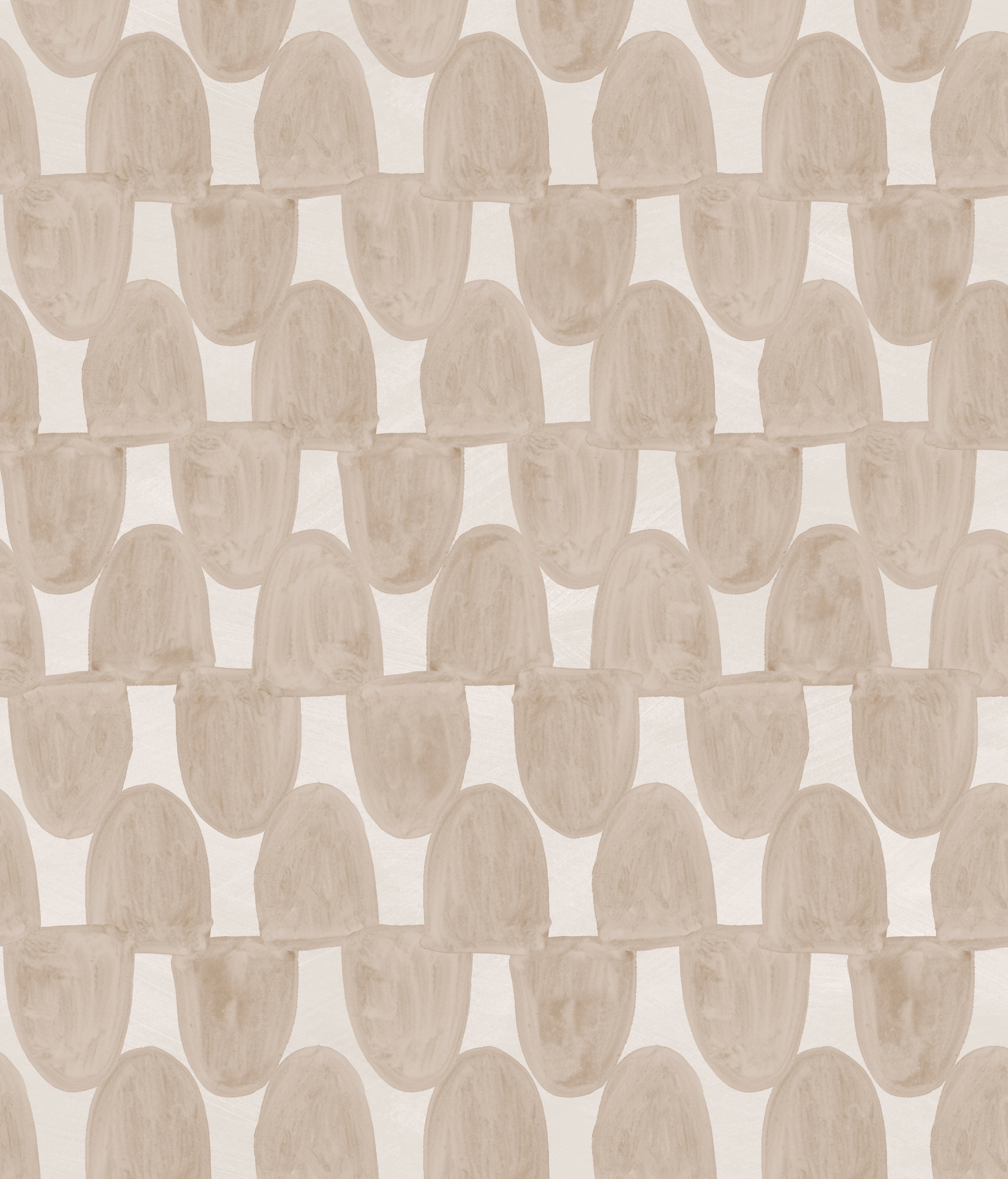 Detail of wallpaper in an abstract scalloped print in tan on a cream field.