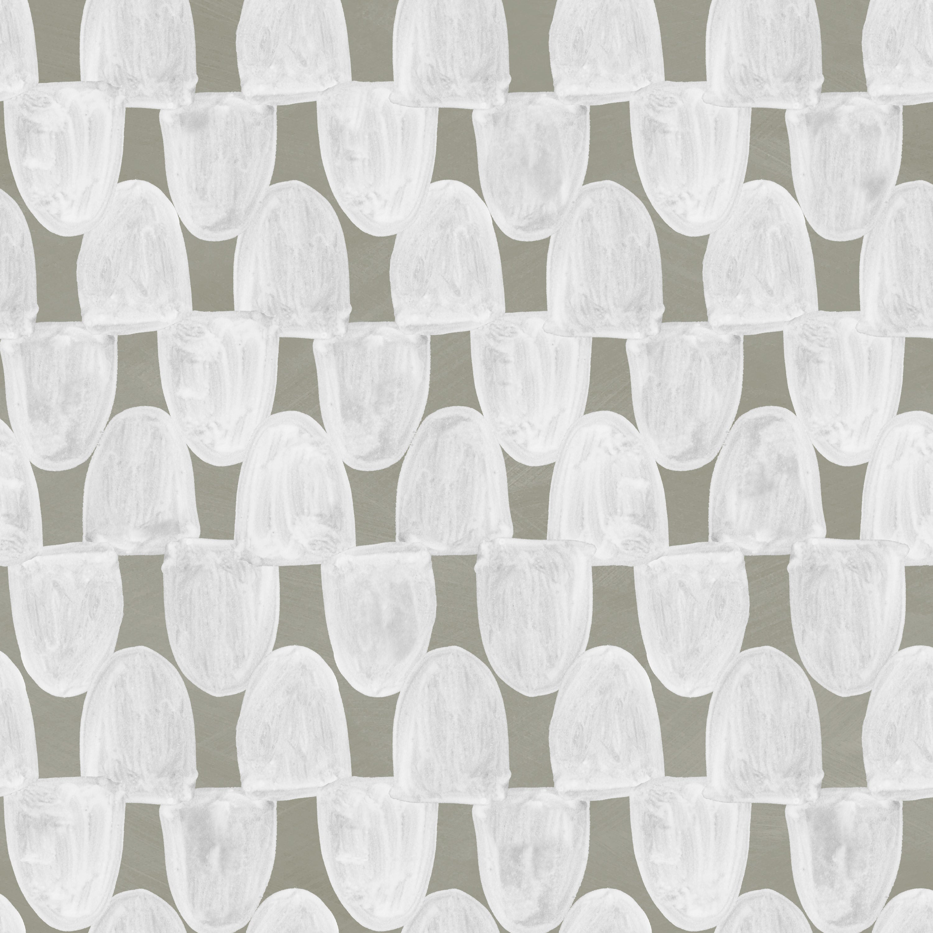 Detail of fabric in an abstract scalloped print in white on a sage field.