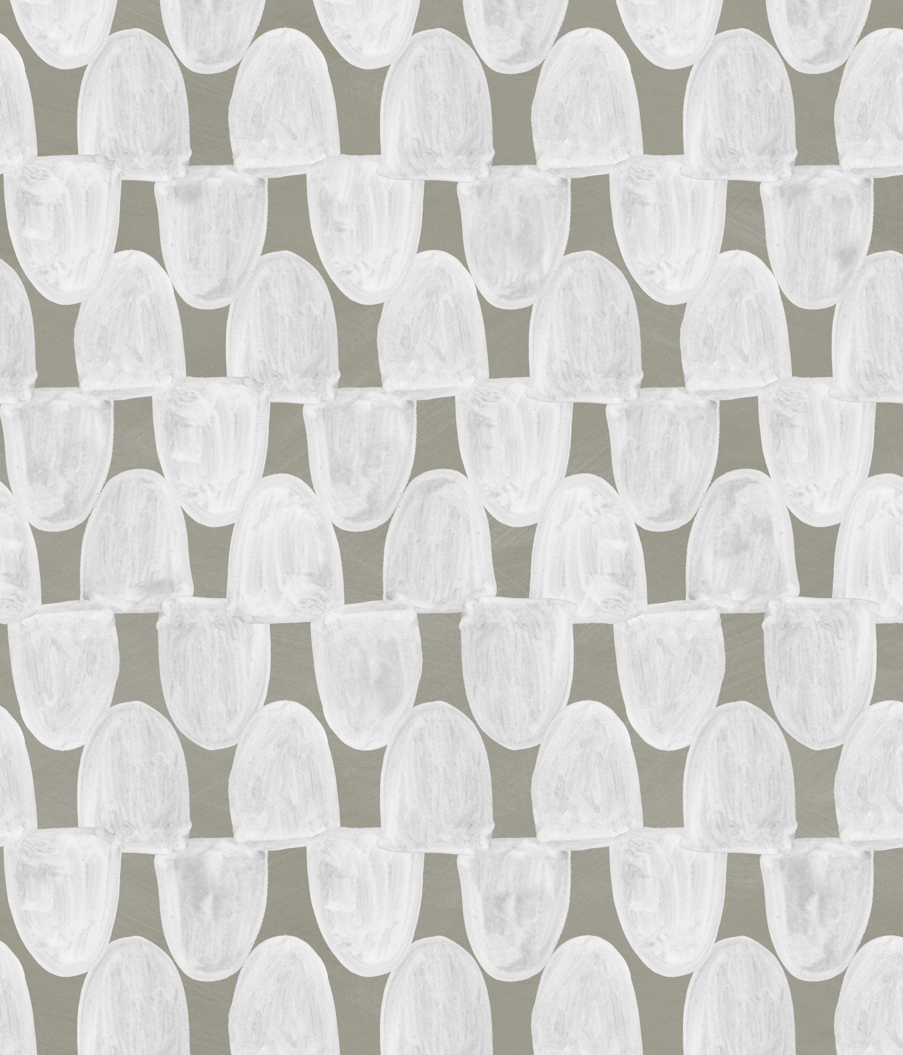 Detail of fabric in an abstract scalloped print in white on a sage field.