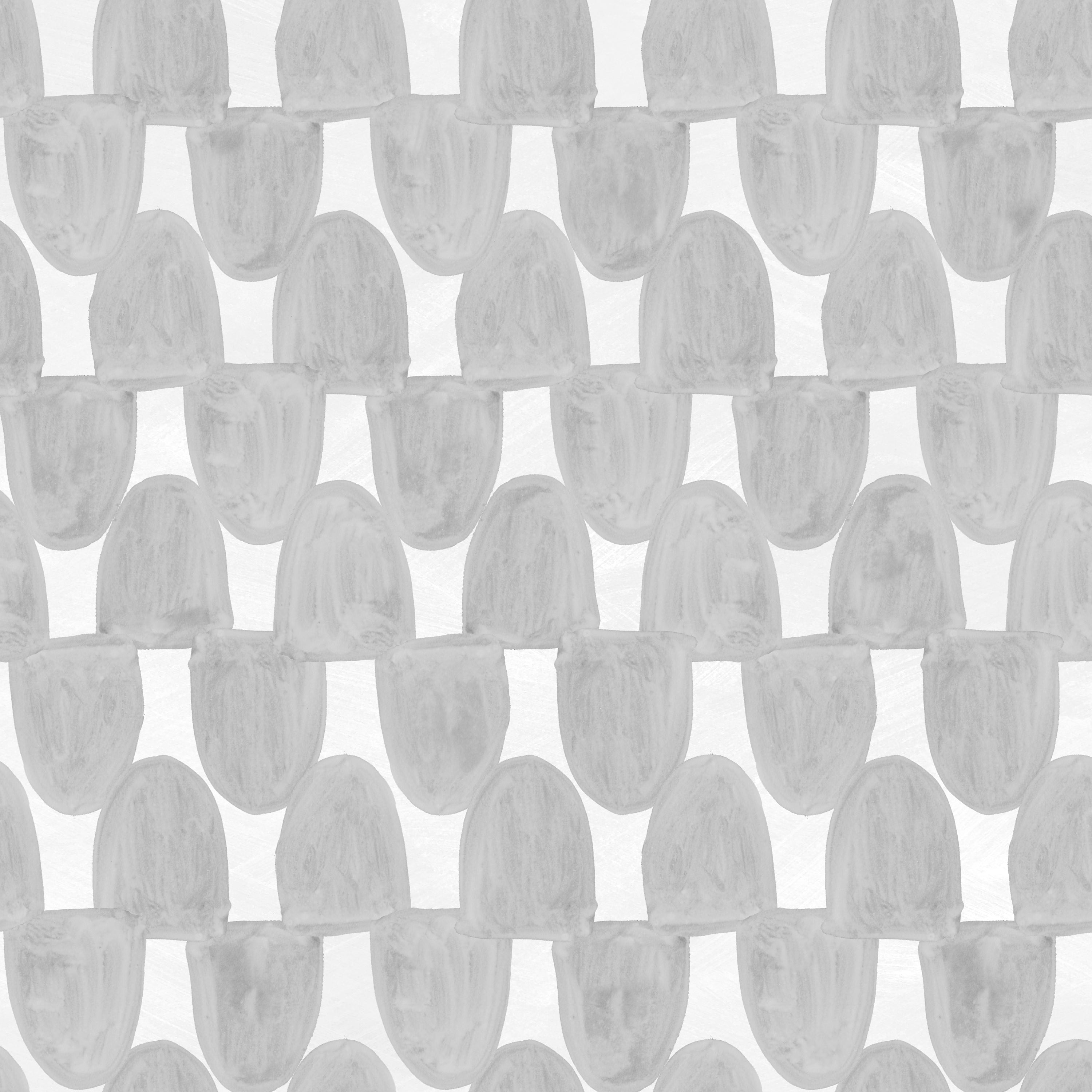 Detail of wallpaper in an abstract scalloped print in gray on a white field.
