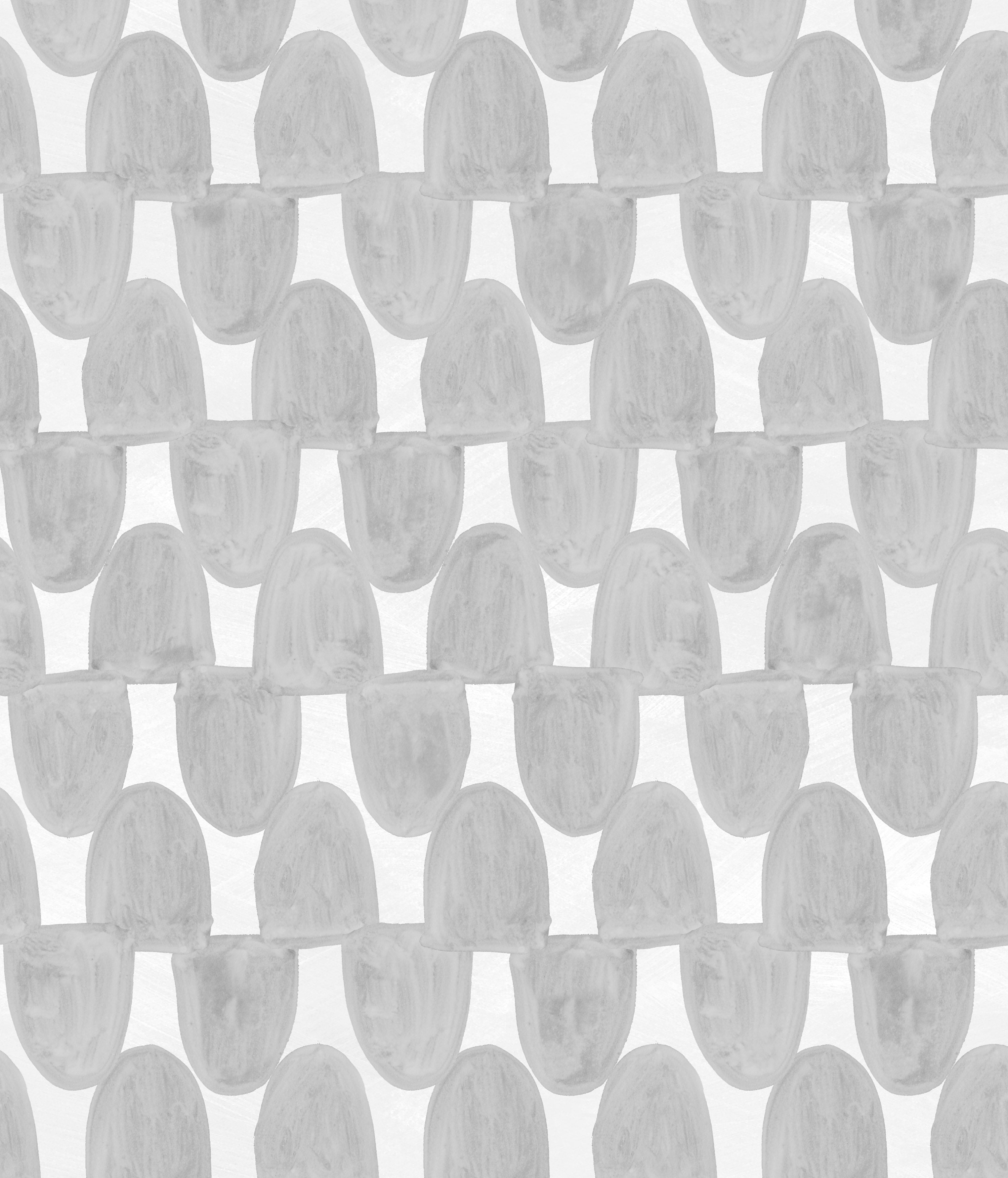 Detail of fabric in an abstract scalloped print in gray on a white field.